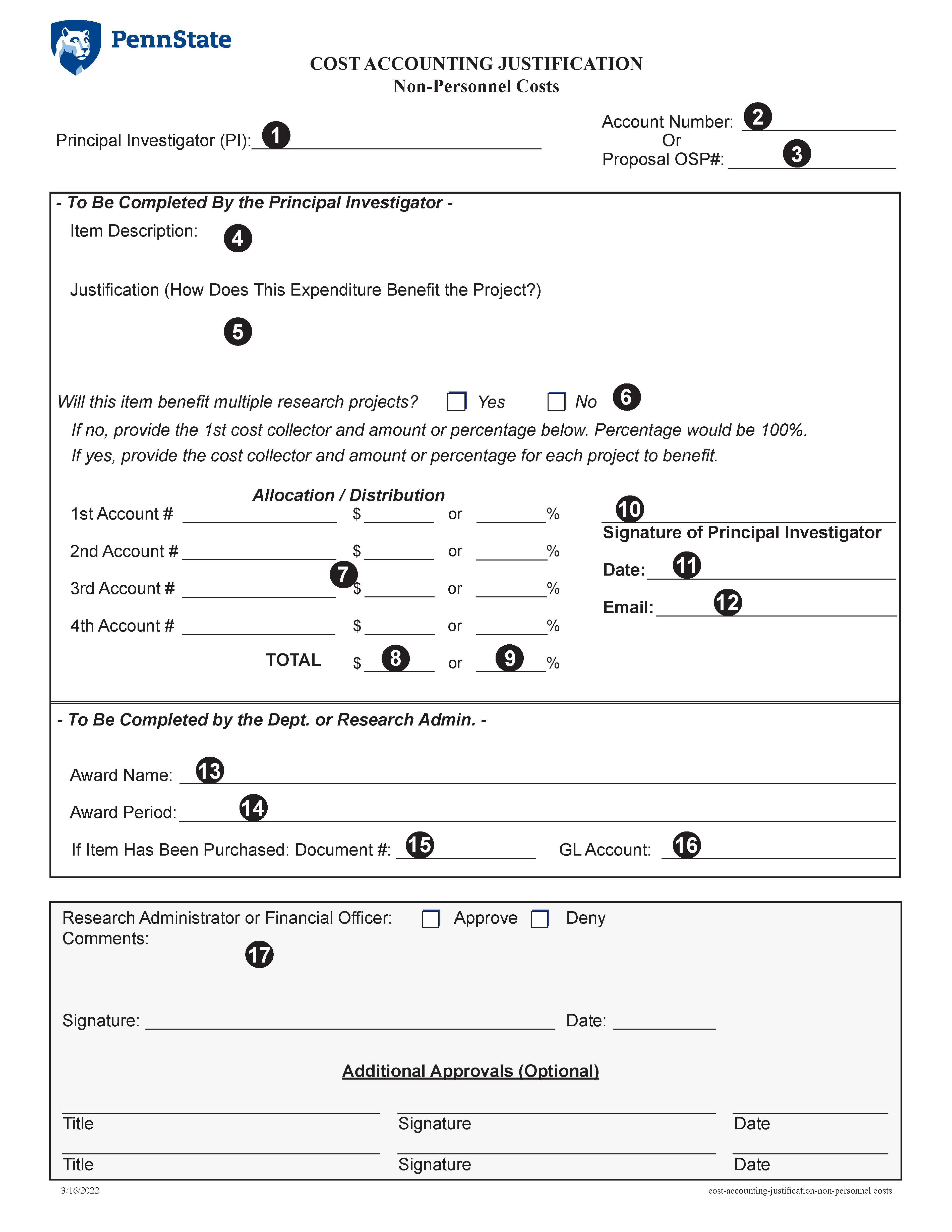 Image of Cost Accounting Justification Non-Personnel Costs Form